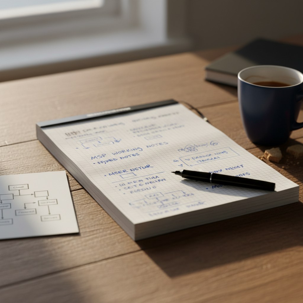 Spiral notebook with MSP working notes, felt pen, network diagram, and coffee on a wooden desk
